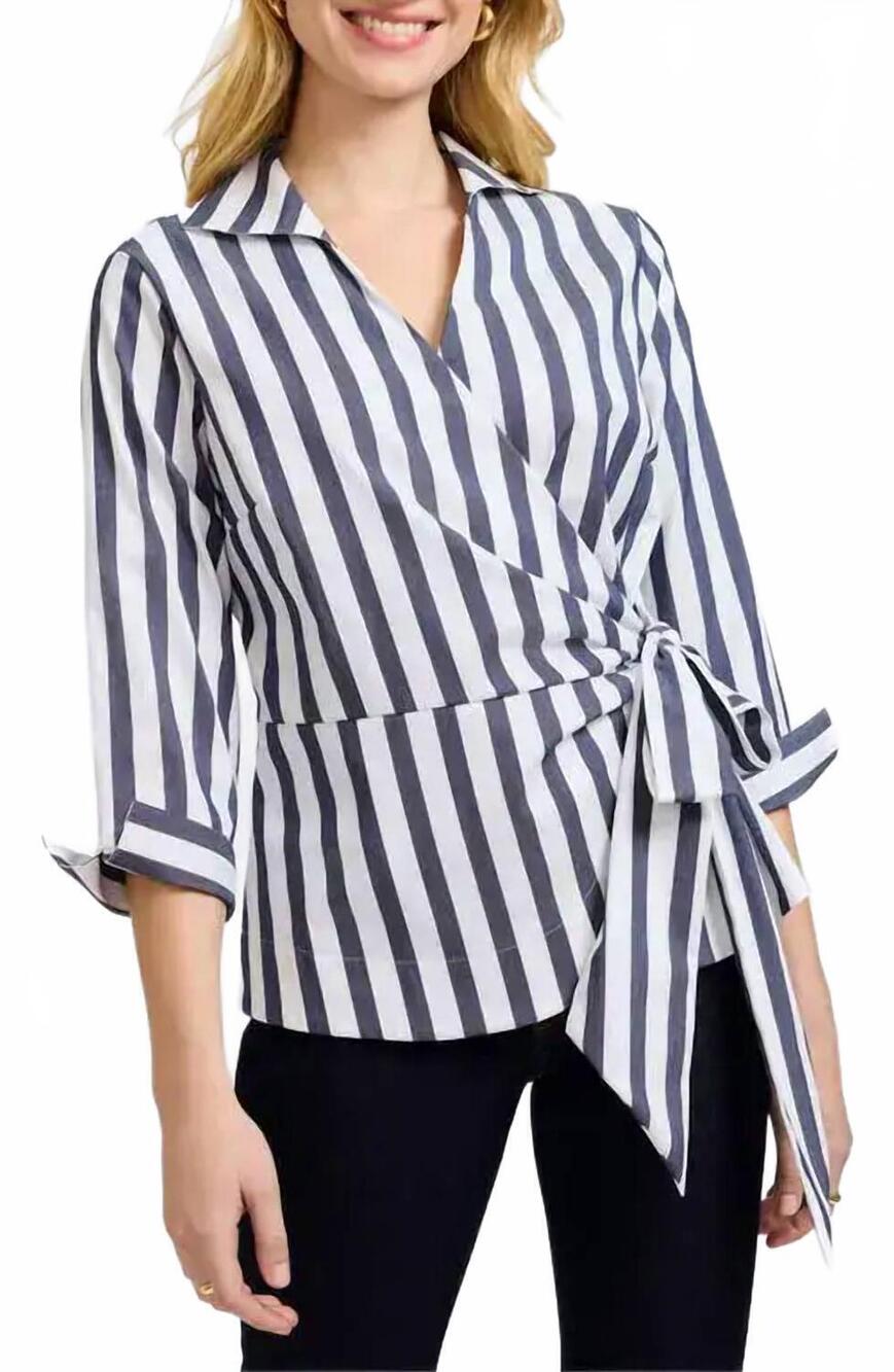NEW FOXCROFT salina striped wrap shirt in navy white